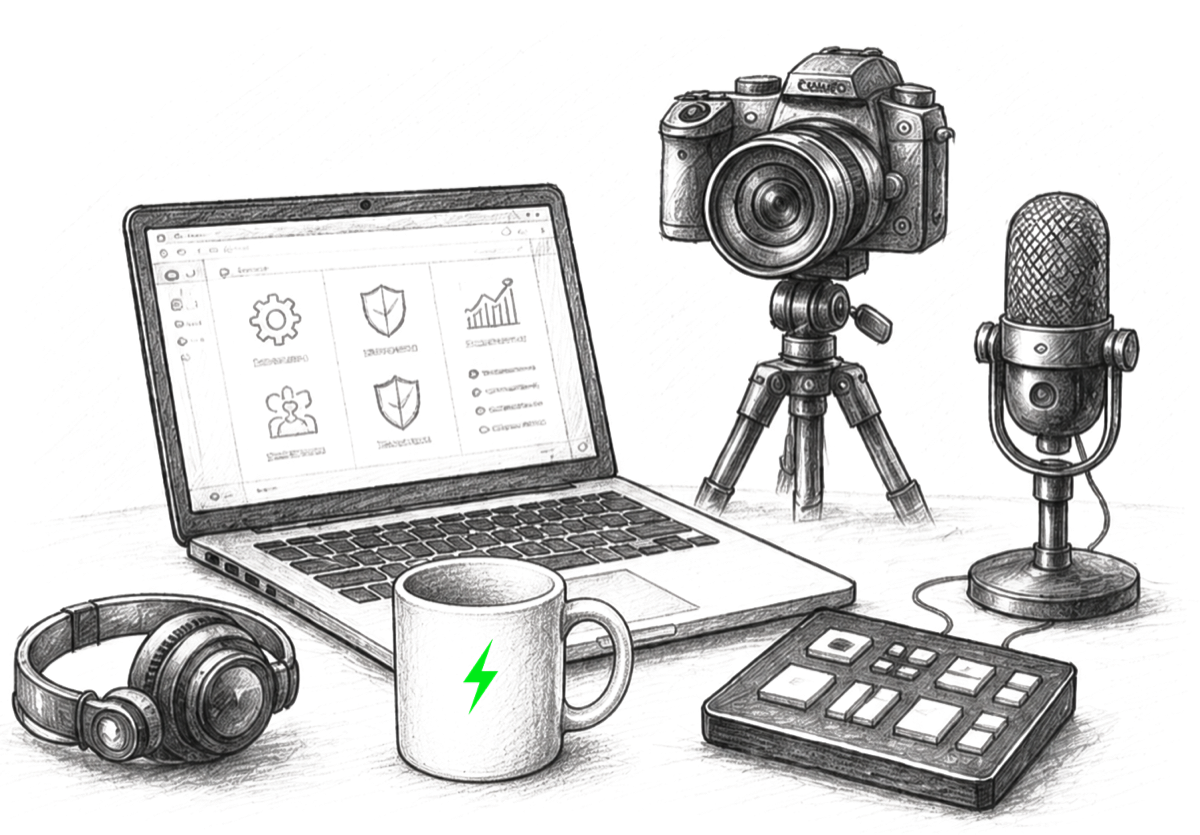 Portátil, cámara, micrófono, auriculares, mesa de streaming y taza con rayo verde dibujados a lápiz