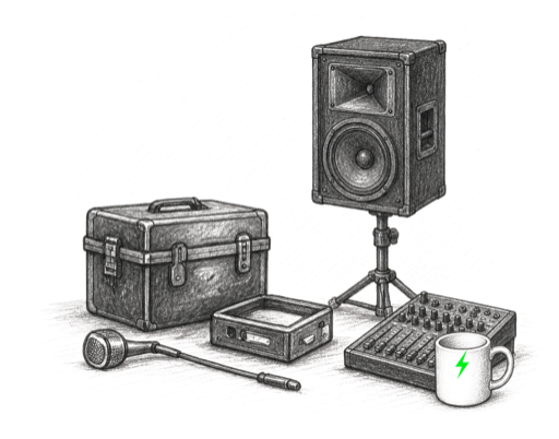 Altavoz, mesa de sonido, maleta, micrófono y taza con rayo verde dibujados a lápiz