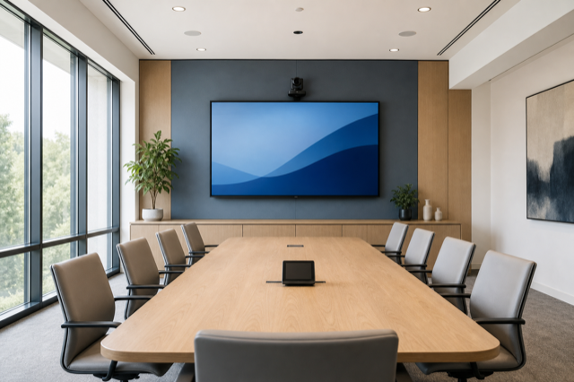 Sala de conferencias moderna mostrada en la pantalla del portátil